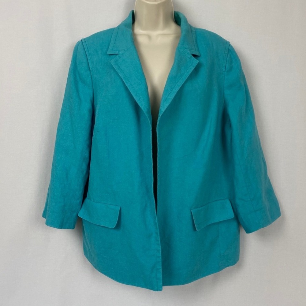 Talbots Linen Blazer Womens 18 Blue Open Front 3/4 Sleeve Coastal Preppy Teal 18
